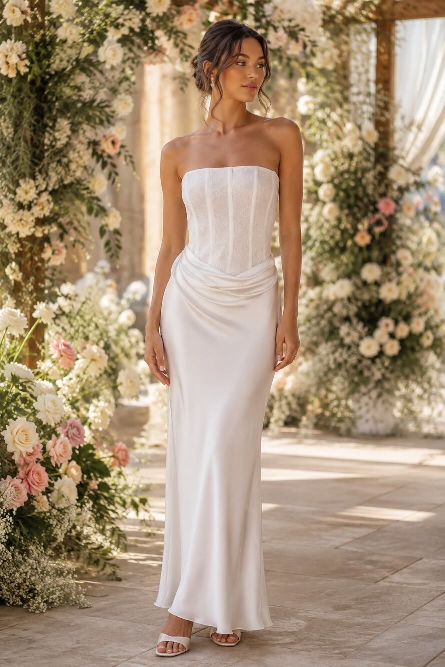 Significant Other Sofiya Strapless Lace Draped Satin Maxi Dress